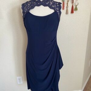 Xscape Navy Midi Dress with Lace Detail
